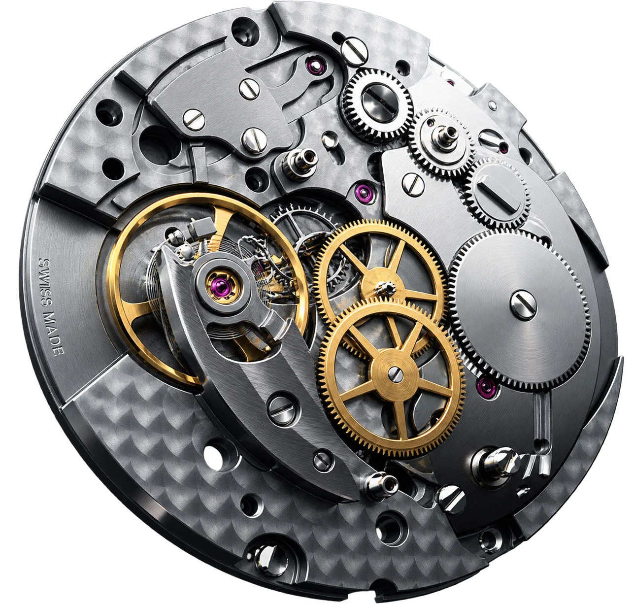 An exposed mechanical watch movement with gilded gear train