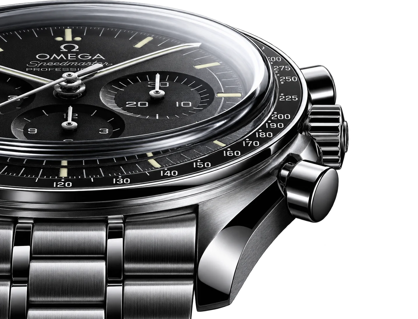 A steel chronograph wristwatch photographed close up