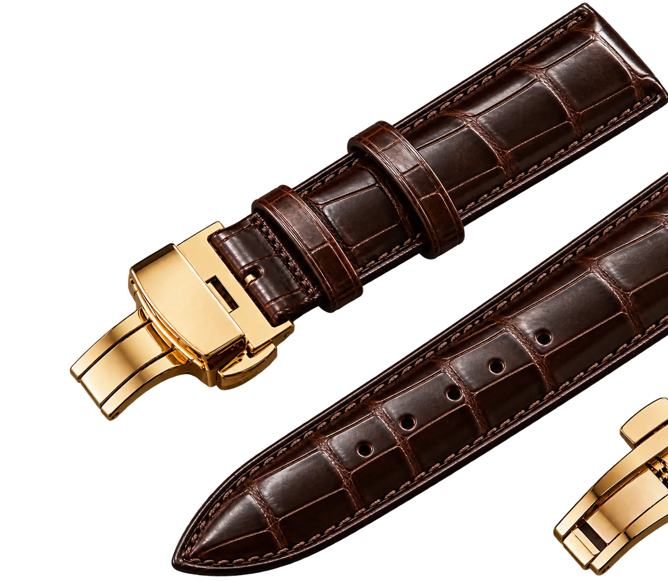 Brown leather watch straps with gold deployant clasps